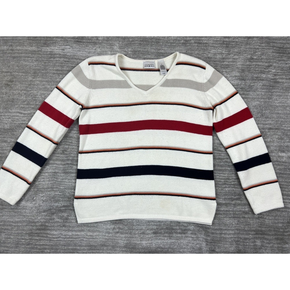 Villager Sport Sweater Womens M White Striped V-Neck Long Sleeve Pullover Cotton